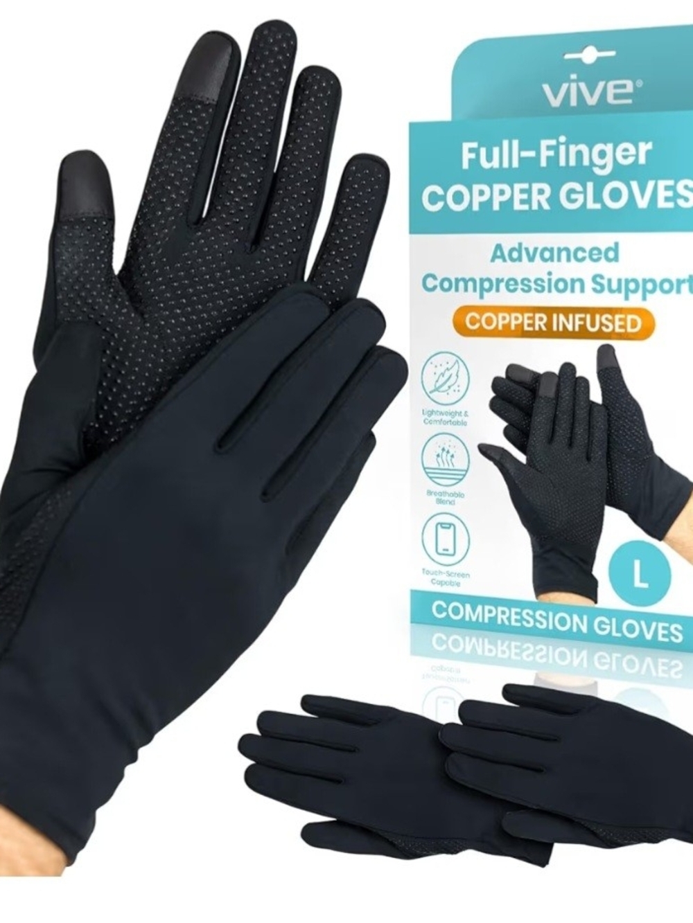 Vive Full-Finger Copper Compression Gloves - Black